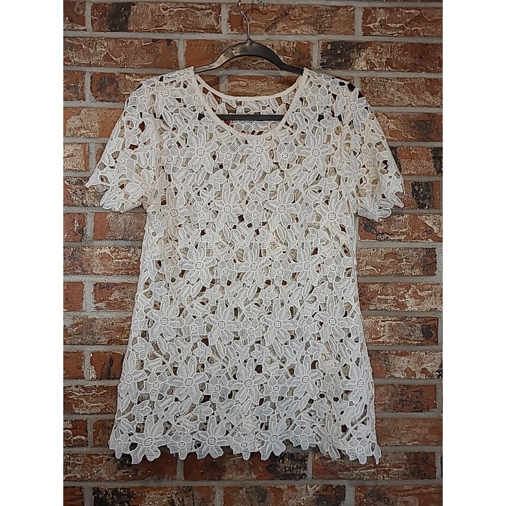 Womens‎ Lace Crochet Ivory Large Cut Out Flower boho Blouse Women's Size M